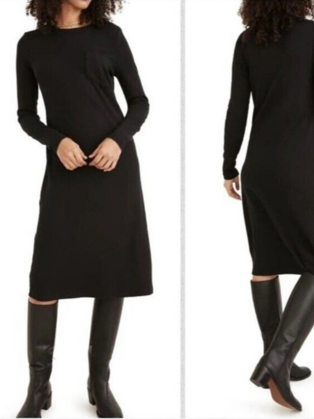 Madewell Black Ribbed Long-Sleeve Pocket Tee Dress